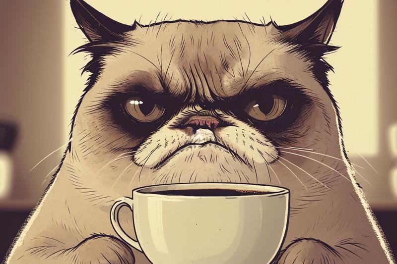 00031-3999757495-a macro close up shot of a very grumpy cat in the kitchen, with a cup of coffee with the text_ _Nobody But Meow_ _lora_Dark_Nove.png